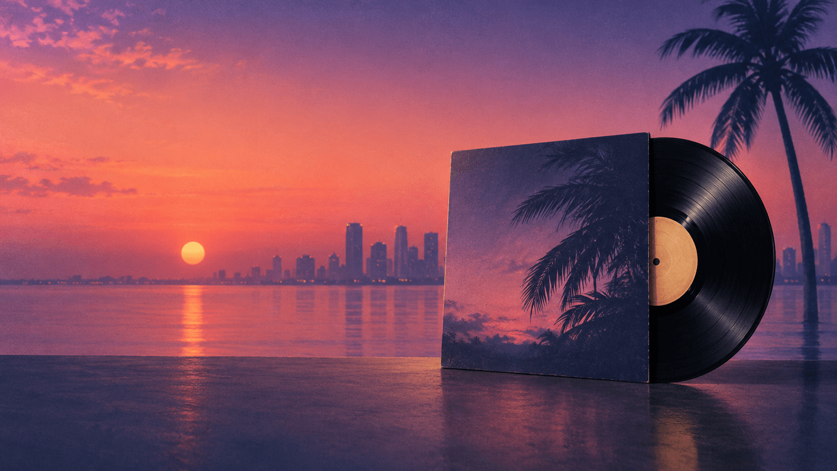 Independent vinyl artwork set against a Miami-inspired sunset